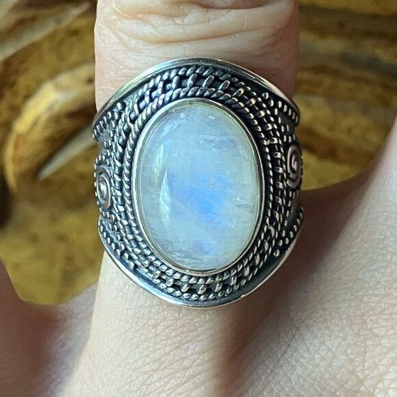 Natural Rainbow Moonstone Ring- Sterling Silver Engagement  Natural Rainbow Moonstone Sterling Silver Ring Size 6